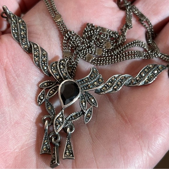 Antique Art Deco 1920's Sterling Silver Marcasite black Onyx Choker necklace - Picture 9 of 17